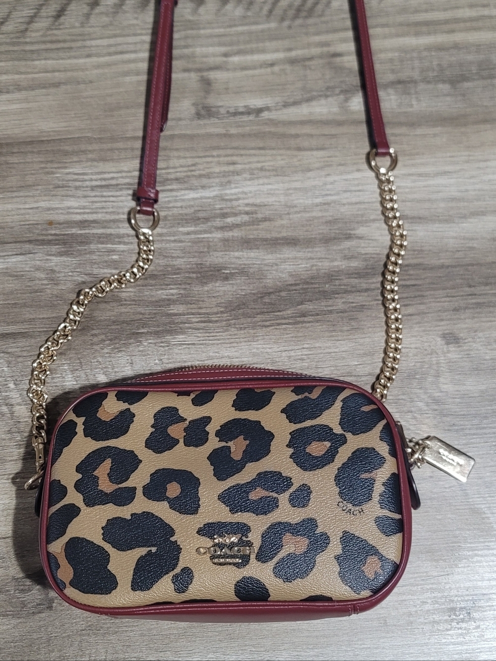 Coach Leopard Print Crossbody Bag in Brown and Burgundy